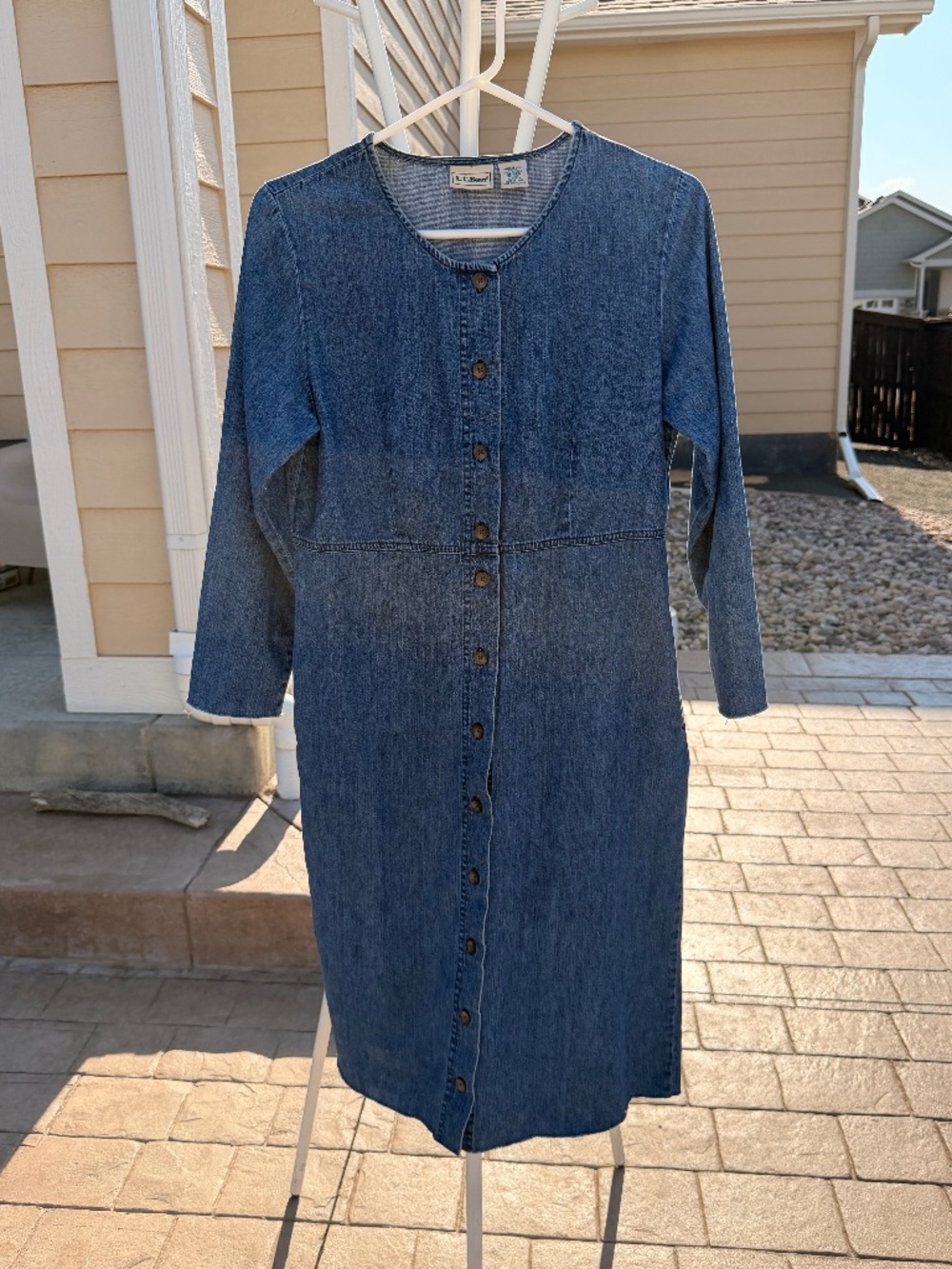 Vintage 90s LL Bean Denim Button Front Midi Dress Collarless